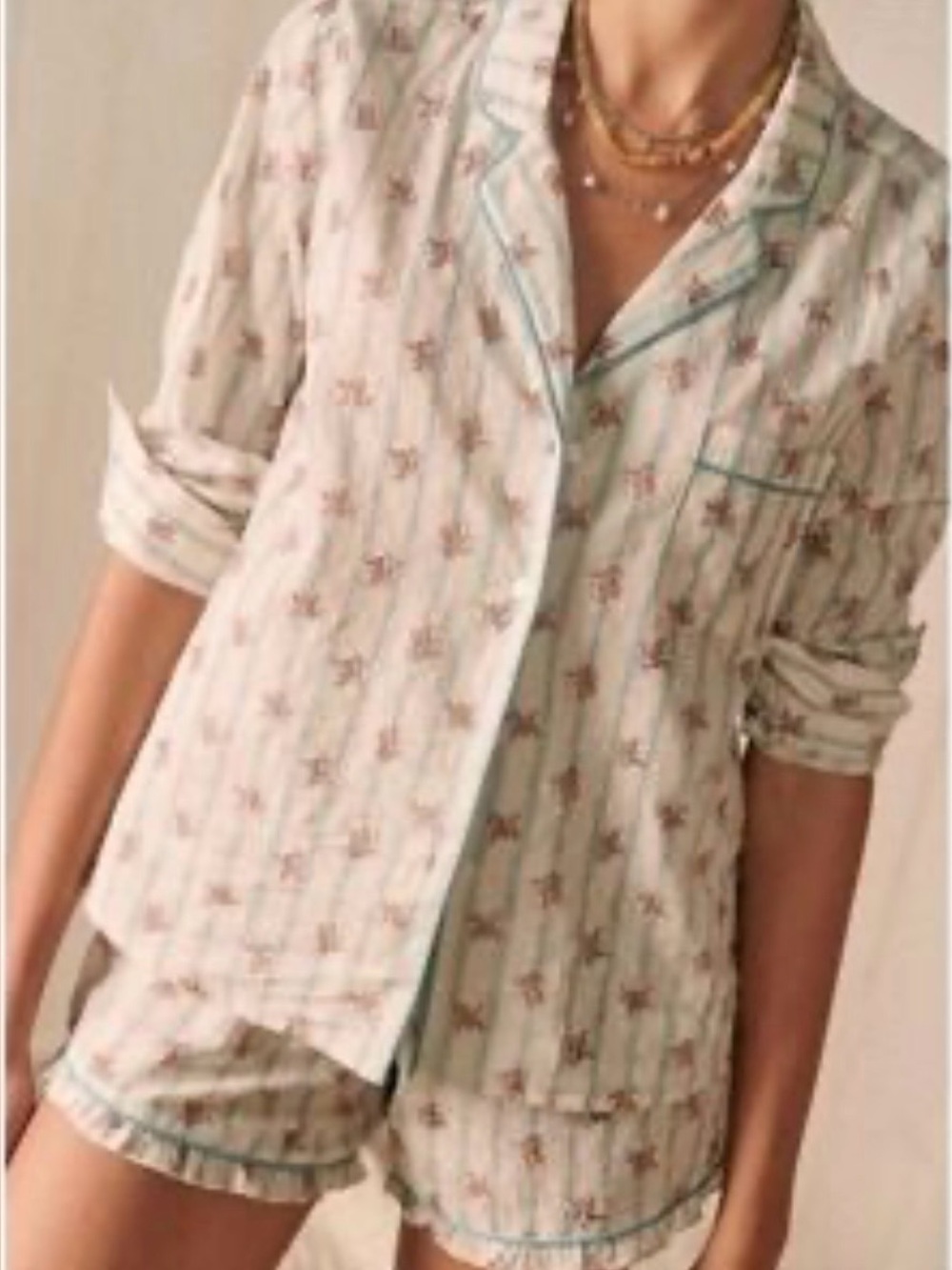 Sezane adorable Women's Floral Stripe Swiss dot Button-Up Pajama Top